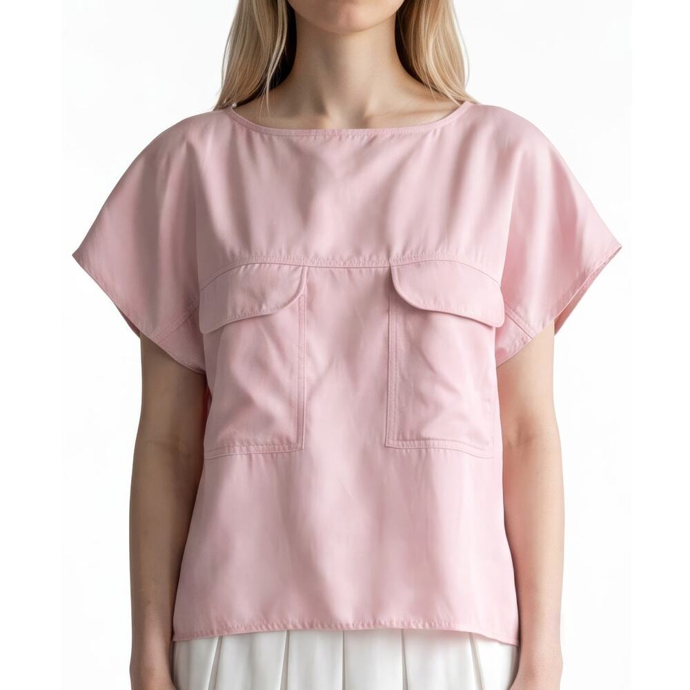 New 80's 90's ASSANTI Pink Silk Cotton Blend Shoulder Pad Baby Pink Blouse Top S